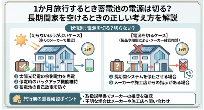 旅行中は蓄電池の電源を切るべき？長期不在時の正しい使い方を解説