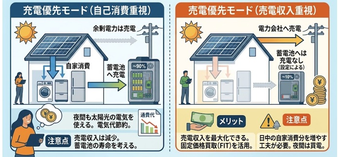 蓄電池の「充電優先」と「売電優先」は何が違う?電気代がお得になる選び方を解説