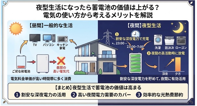 夜型生活になると蓄電池はお得？夜間の電気代と節約効果を解説