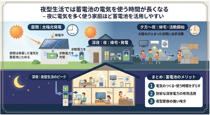 夜型生活では蓄電池の使用時間増加