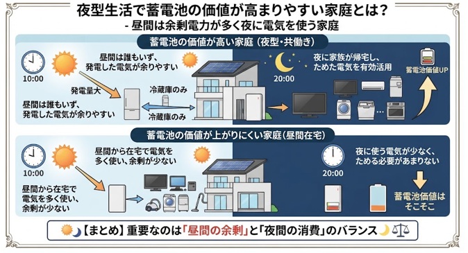 夜型生活で蓄電池の価値が高まりやすい家庭は？
