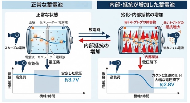 蓄電池の内部抵抗増加に注意