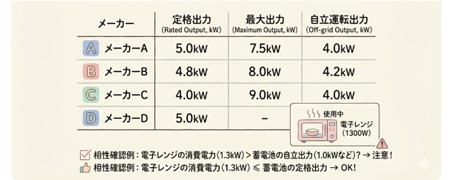 蓄電池の出力仕様と電子レンジの相性確認