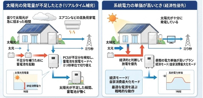 家庭の消費電力が太陽光や系統供給を上回ったとき