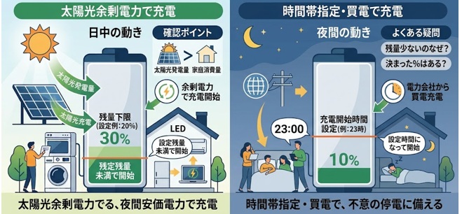 蓄電池は「何％から充電開始」する？残量設定と運転モードの仕組み