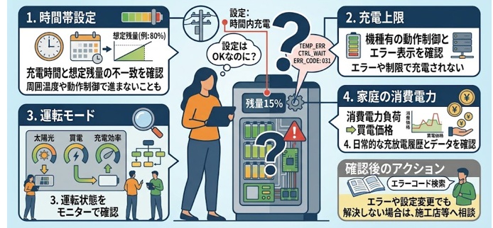 蓄電池が設定どおりに充電されないときは機器の動作も確認する
