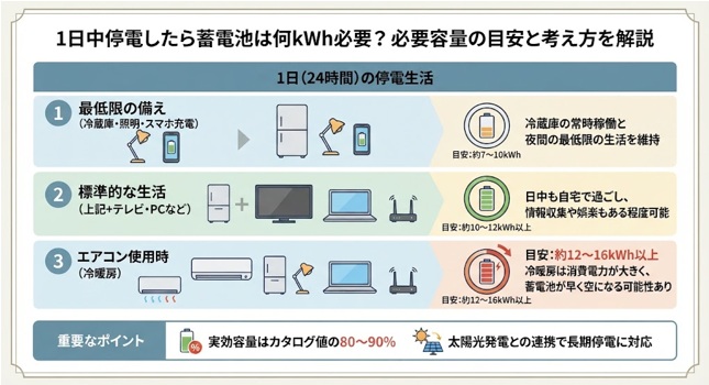 1日停電したら蓄電池は何kWh必要?家電別の必要容量と計算方法を解説