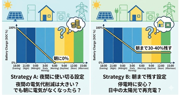 蓄電池は夜間使い切る vs 朝まで残すどっちが得？電気代の違いと最適設定を解説