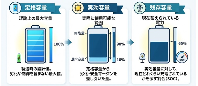 蓄電池の「定格容量」「実効容量」「残存容量」の違いは?