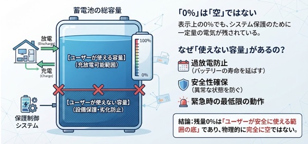 蓄電池の残量0％は本当に空？電気が残る理由と実効容量の仕組みを解説