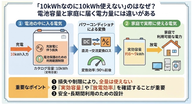 10kWhの蓄電池で実際に使える電力量は？