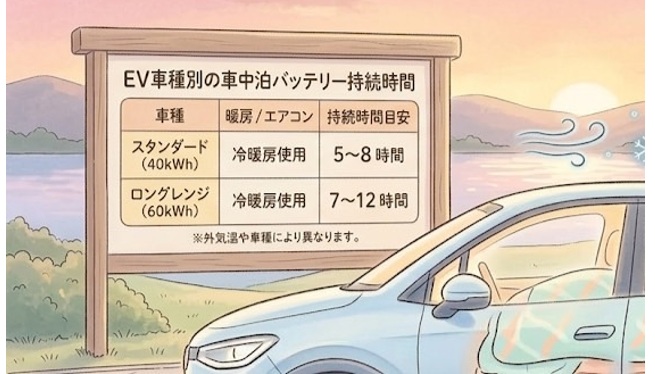 EVの車種別の車中泊バッテリー持続時間