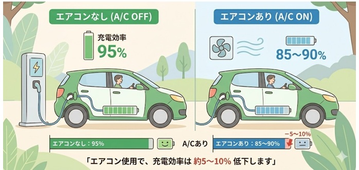 EVの充電中のエアコン使用は充電効率が5〜10%低下?