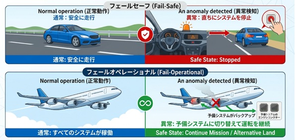 「フェールオペレーショナル」と「フェールセーフ」の違い