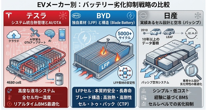 EVメーカーごとのバッテリー劣化対策とは?テスラ・BYD・日産を比較