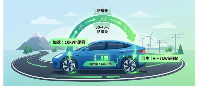 EVの回生ブレーキは減速エネルギーの60〜70%を回収できる