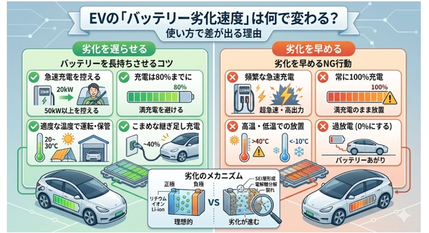 「EVバッテリーの劣化」を早めるNG行動は?急速充電・高温の影響を解説