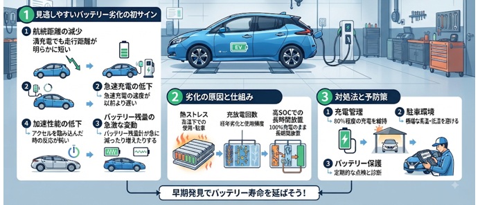 EVバッテリー劣化の初期症状は?航続距離・充電速度に現れる症状