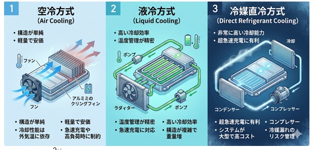 EVバッテリーの冷却方式の種類と特徴
