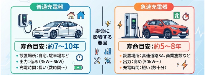 EV充電器の寿命は何年?普通充電器・急速充電器の違いと交換時期を解説