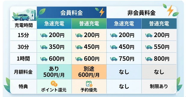 EV充電の会員・非会員、急速・普通充電での料金比較
