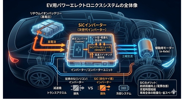 EVのSiCインバーターとは？電費・航続距離が向上する仕組みを解説
