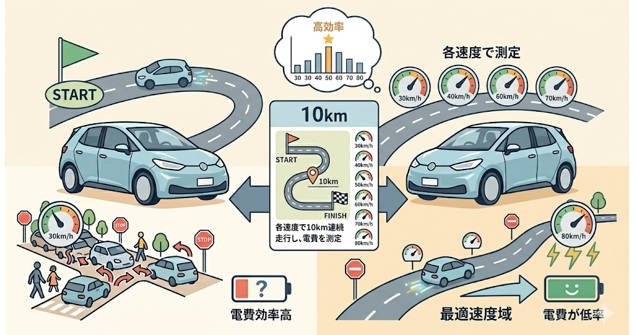 比較方法:速度別に10kmずつEVを走行して電費を測定