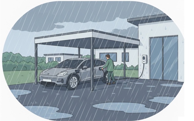 雨の日は屋根のある場所で充電したい