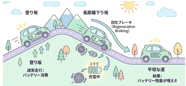EVは下り坂でバッテリー残量が増える