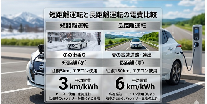 EVの短距離運転と長距離運転の電費比較