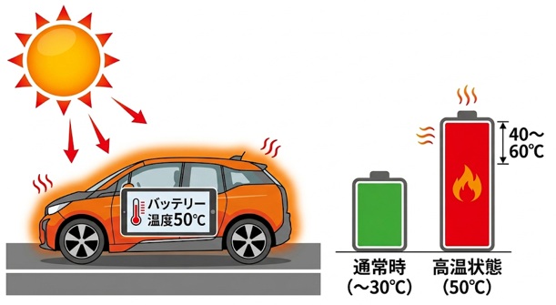 EV真夏の車内放置でバッテリー温度が40〜60度に上昇