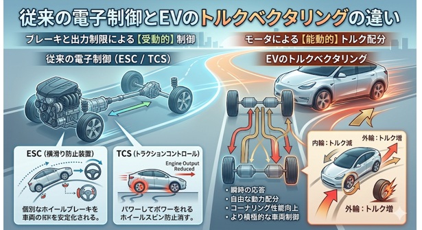従来の電子制御とトルクベクタリングの違い
