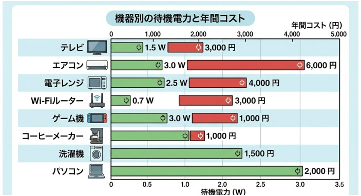機器別の待機電力と年間の電気代は?