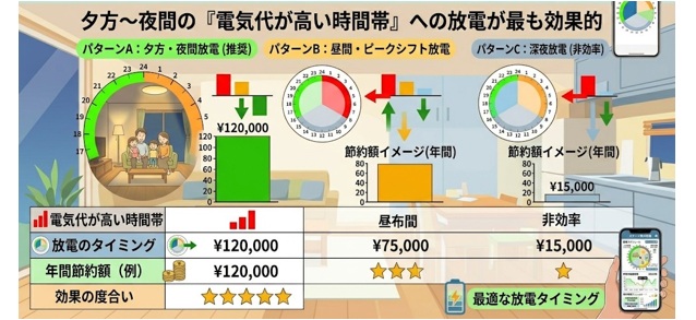 蓄電池の放電タイミング別のコスト効果の比較