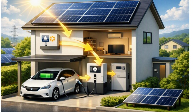 V2Hが太陽光の余剰電力をEVに充電する仕組み