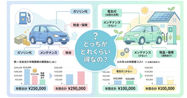 ガソリン車vs太陽光+EVの年間コスト差の総合比較