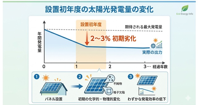 太陽光発電は設置初年度は発電量が2〜3%低下する初期劣化が起こる