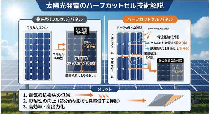 太陽光パネルのハーフカットセルとは？