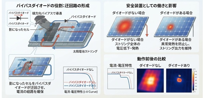 バイパスダイオードが“迂回路”を作りセルを保護