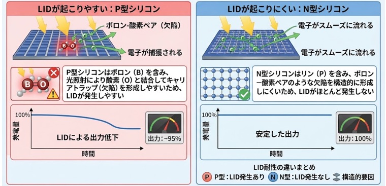 太陽光パネルの種類によるLIDの起こりやすさの違い