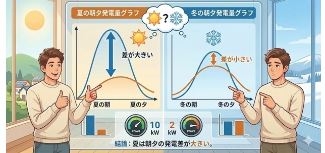 季節によって朝と夕方の太陽光発電量の差が変わる