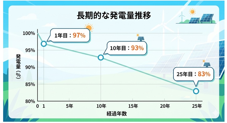 太陽光パネルの初期劣化後の長期的な発電量推移