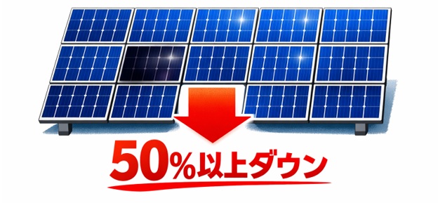 太陽光パネル1枚の影で全体の発電量が50〜80%落ちる