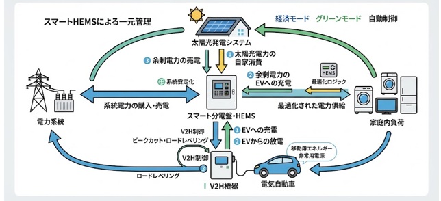 通常時のV2Hは系統連系しながら家庭の電力を最適化