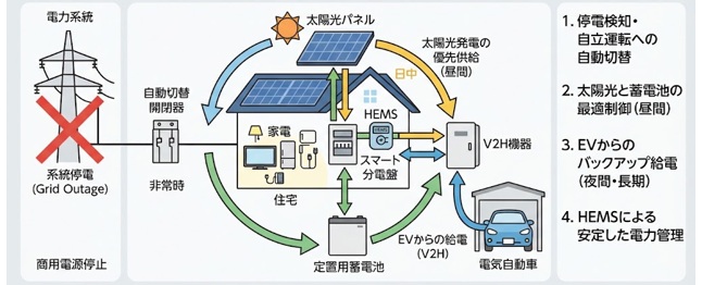 V2Hと太陽光・蓄電池の連携で停電時の電力供給強化