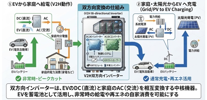 V2Hの「双方向インバーター」とは?EVと家庭で電気を変換する仕組みを解説