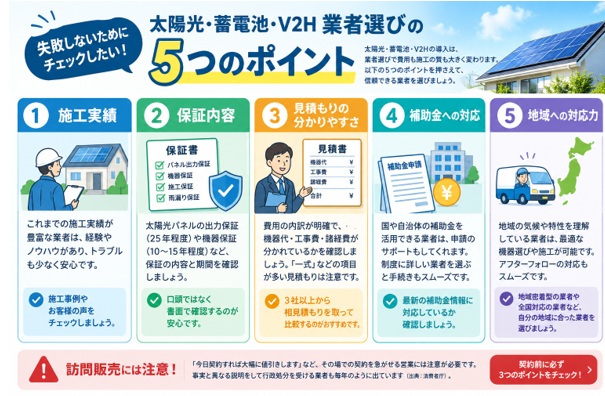 太陽光発電・蓄電池・V2H業者を選ぶ5つのポイント
